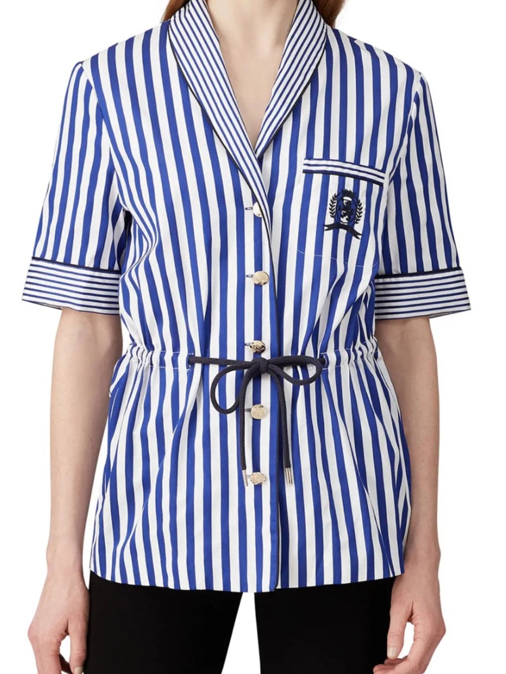 Tommy Hilfiger Blue and White Striped Tie-Waist Shirt